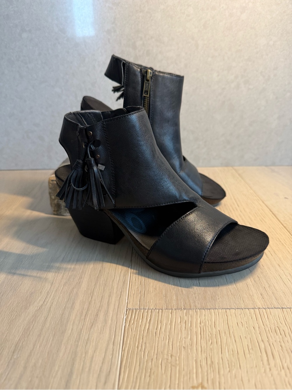 OTBT "Flower Child" Black Open-Toe Tassel Block Heel Ankle Boots